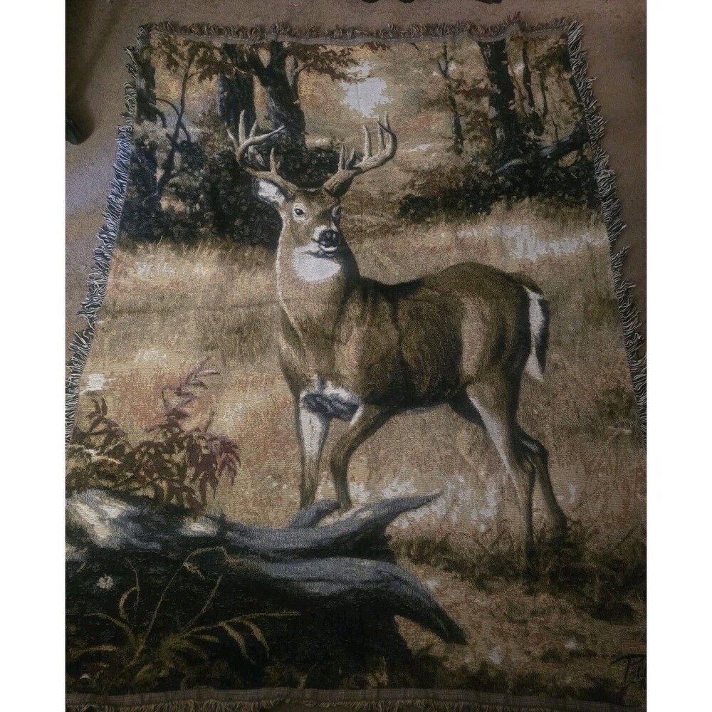 Vintage 1993 Picken Deer Outdoors Tapestry Throw Blanket 50"x70"